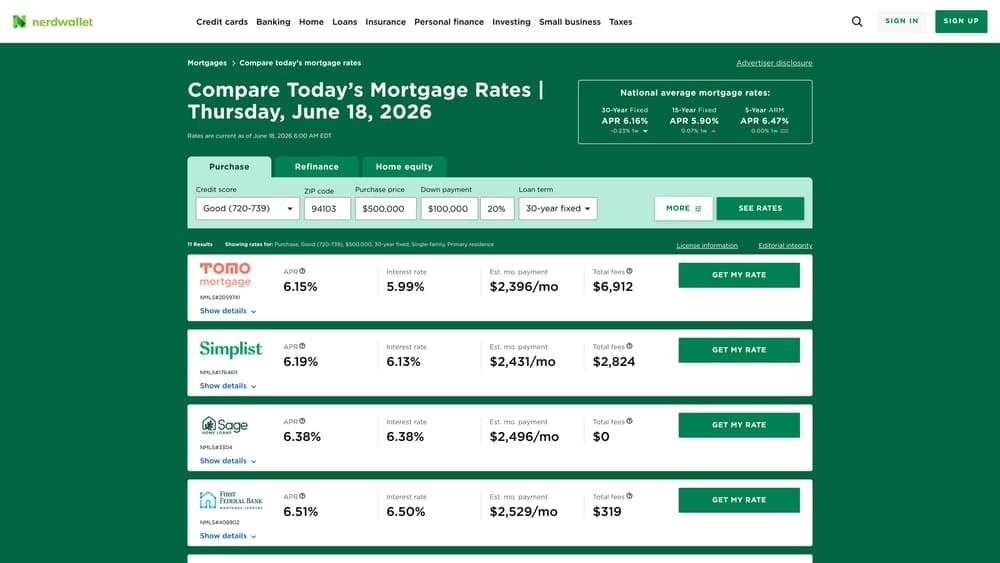 Screenshot of NerdWallet Mortgage Rate Comparison website